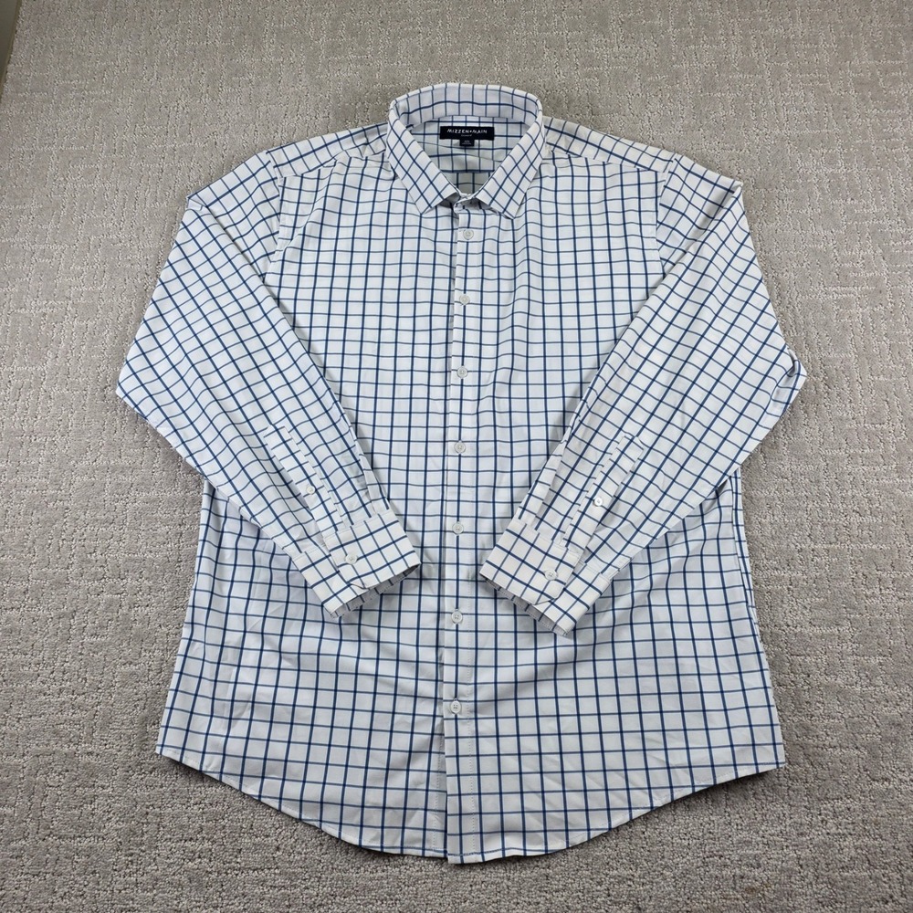 Mizzen + Main Leeward Trim Fit Dress Shirt XXL White Blue Windowpane Performance